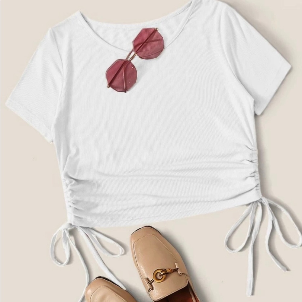 White ruched side drawstring crop top